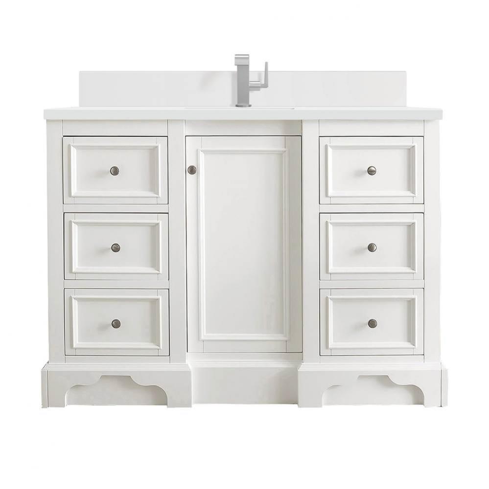 De Soto 48&apos;&apos; Single Vanity, Bright White w/ Single Hole 3 CM White Zeus Quartz Top &amp;