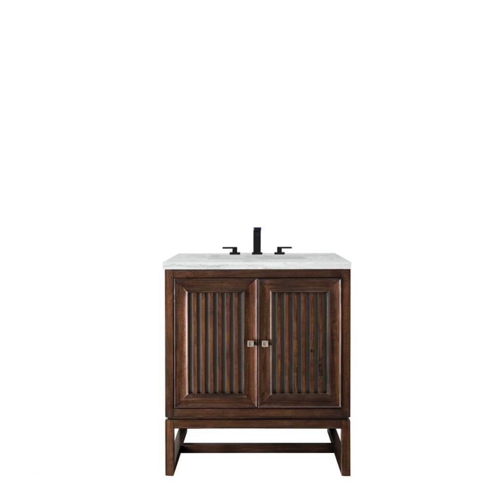 Athens 30&apos;&apos; Single Vanity Cabinet, Mid Century Acacia, w/ 3 CM Arctic Fall Solid Surface