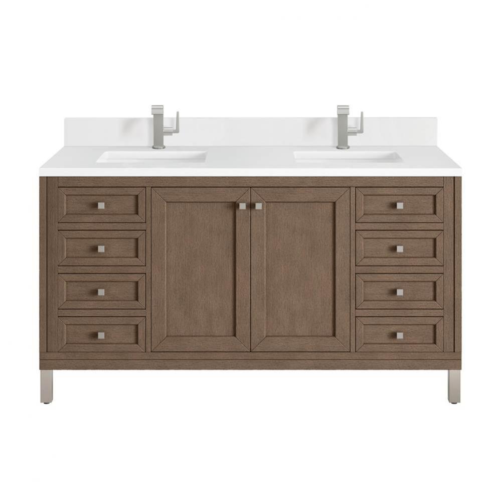 Chicago 60&apos;&apos; Double Vanity, Whitewashed Walnut w/ Single Hole 3 CM White Zeus Quartz Top