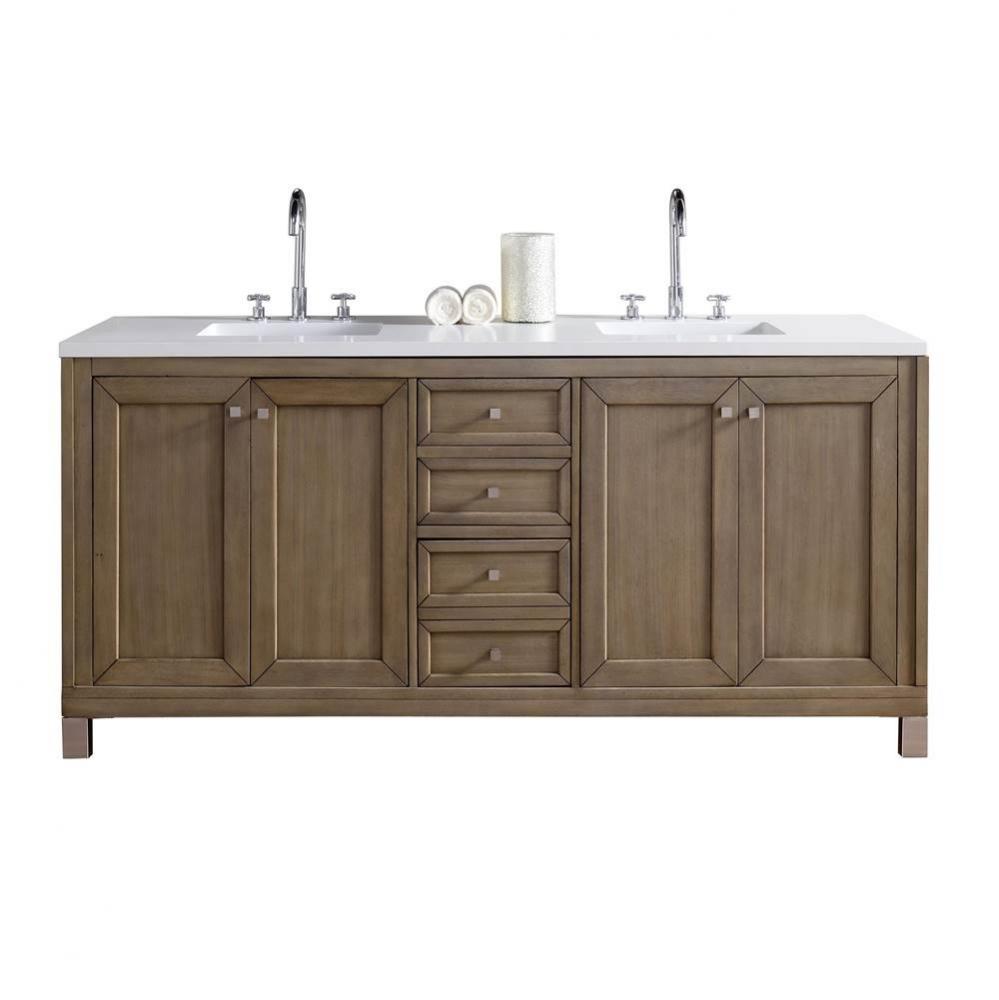 Chicago 72&apos;&apos; Double Vanity, Whitewashed Walnut w/ 3 CM White Zeus Quartz Top