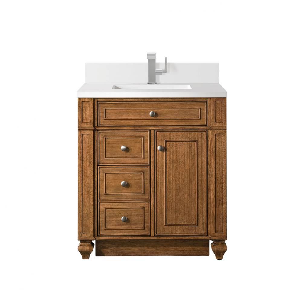 Bristol 30&apos;&apos; Single Vanity, Saddle Brown w/ Single Hole 3 CM White Zeus Quartz Top &amp;