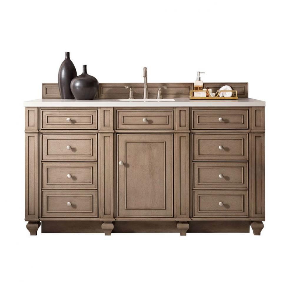 Bristol 60&apos;&apos; Single Vanity, Whitewashed Walnut, w/ 3 CM White Zeus Quartz Top