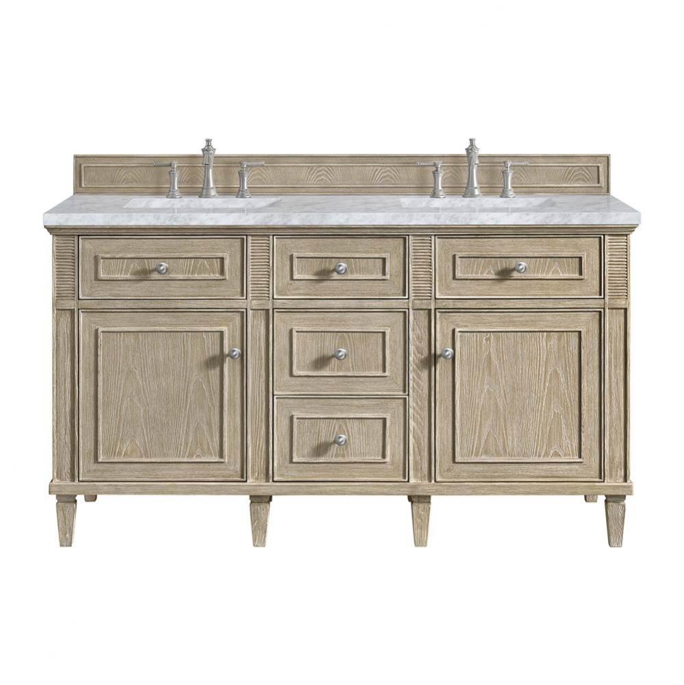 Lorelai 60&apos;&apos; Double Vanity, Whitewashed Oak w/ 3 CM Carrara White Marble Top