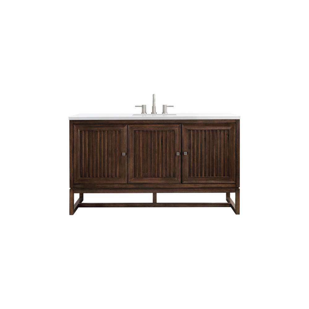 Athens 60&apos;&apos; Single Vanity Cabinet , Mid Century Acacia, w/ 3 CM White Zeus Quartz Top