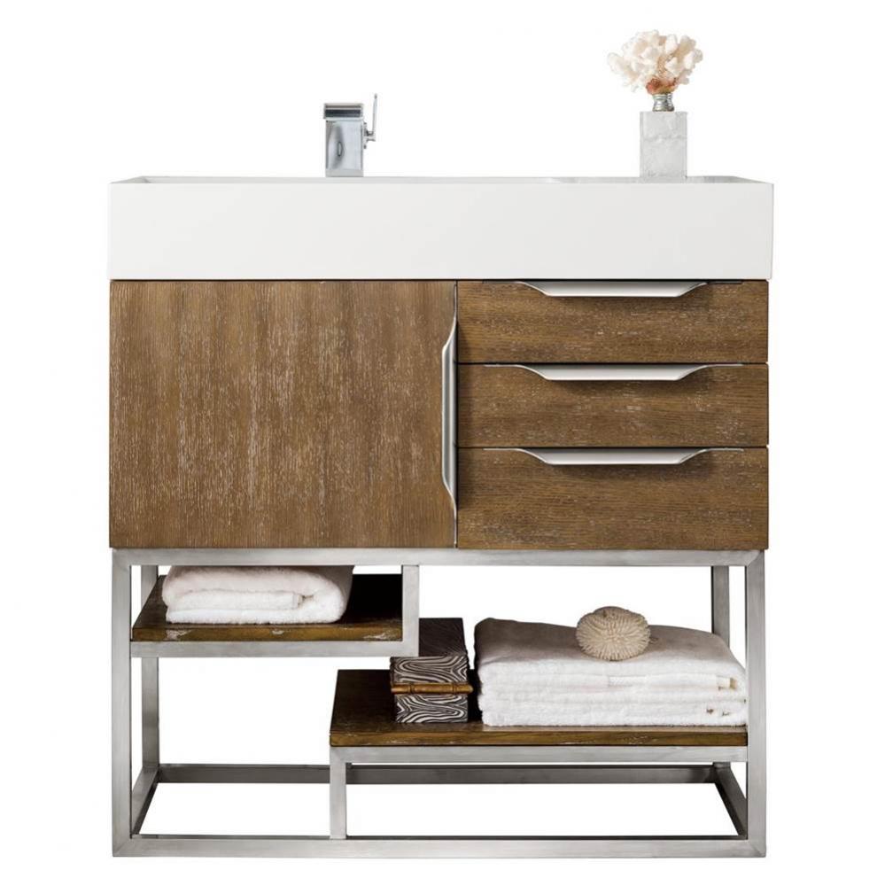 Columbia 36&apos;&apos; Single Vanity, Latte Oak, Brushed Nickel w/ Glossy White Composite Stone T