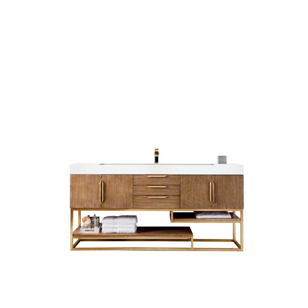 Columbia 72&apos;&apos; Single Vanity, Latte Oak, Radiant Gold w/ Glossy White Composite Stone Top