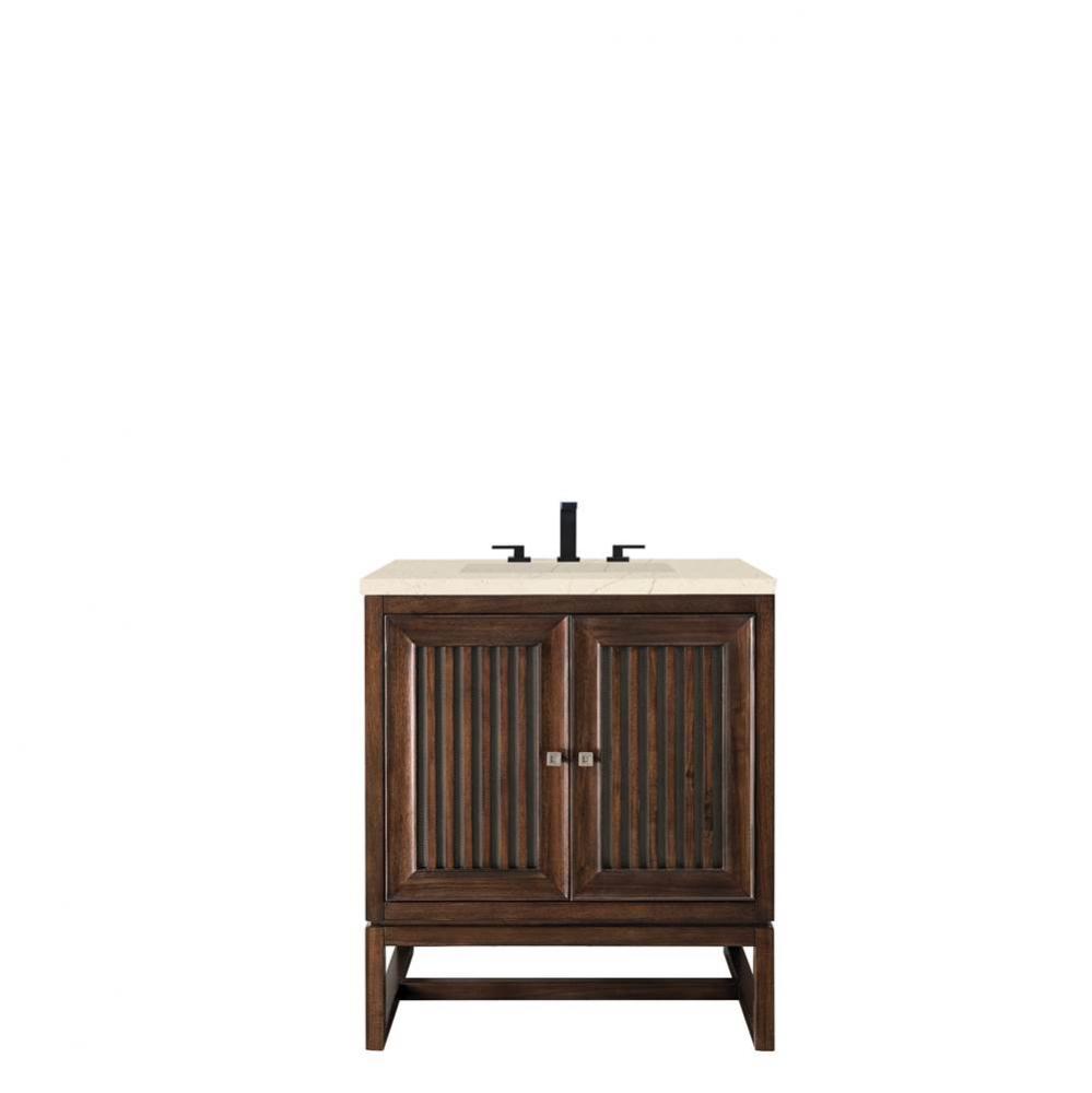 Athens 30&apos;&apos; Single Vanity Cabinet, Mid Century Acacia, w/ 3 CM Eternal Marfil Top