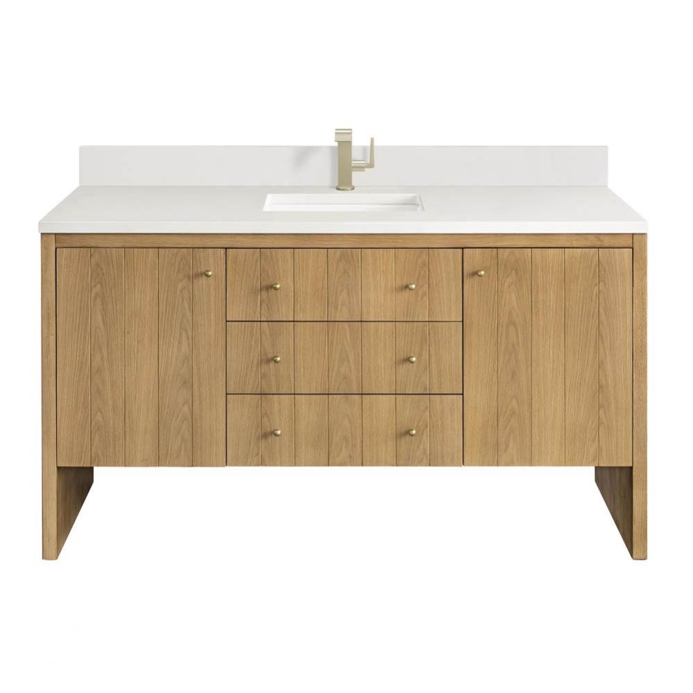 Hudson 60&apos;&apos; Single Vanity, Light Natural Oak w/ Single Hole 3 CM White Zeus Top &amp; Ba