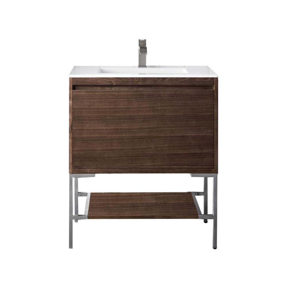 Mantova 31.5&apos;&apos; Single Vanity, Mid-Century Walnut, Brushed Nickel Base w/ Glossy White Co