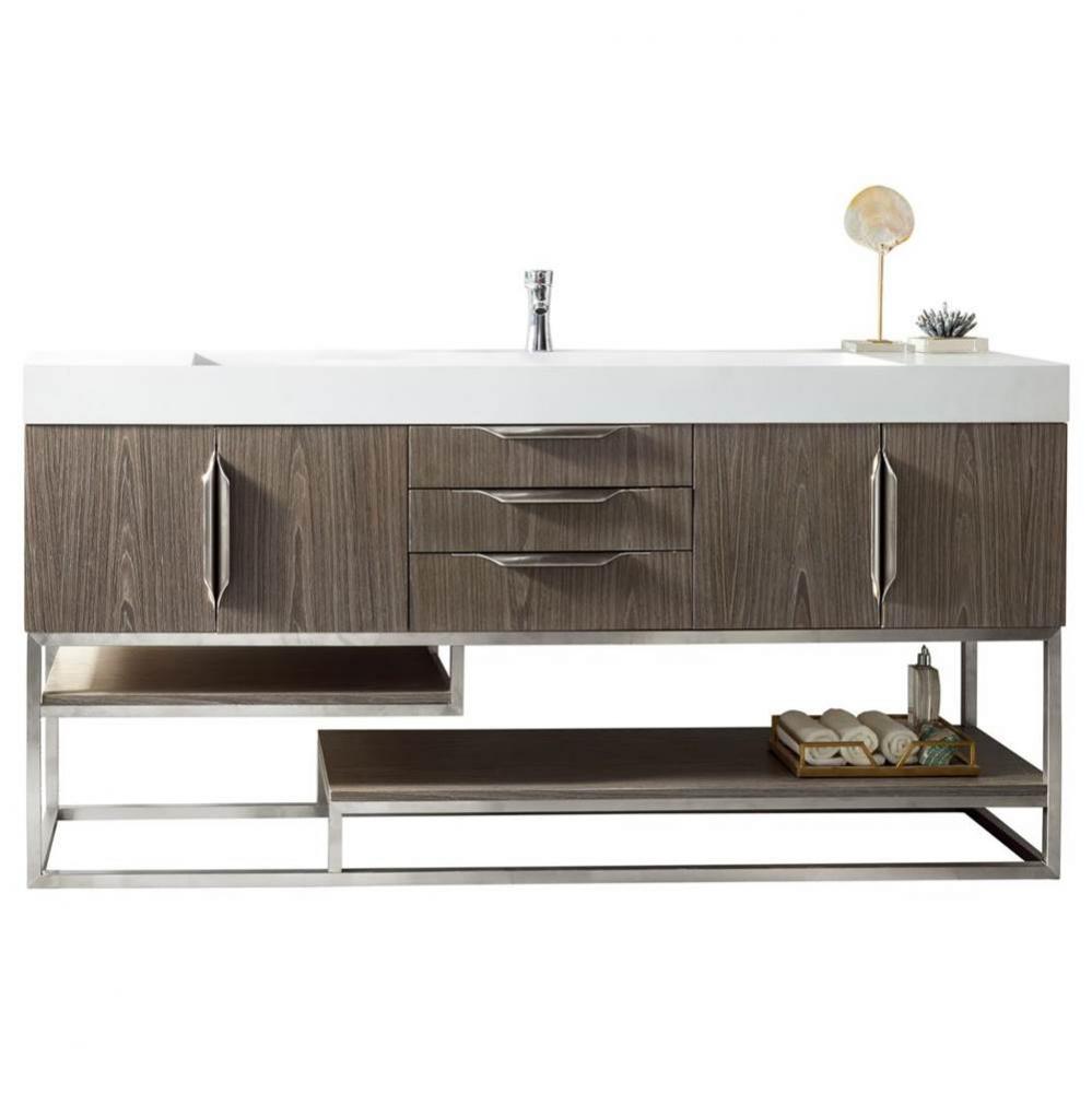 Columbia 72&apos;&apos; Single Vanity, Ash Gray, Brushed Nickel w/ Glossy White Composite Stone To