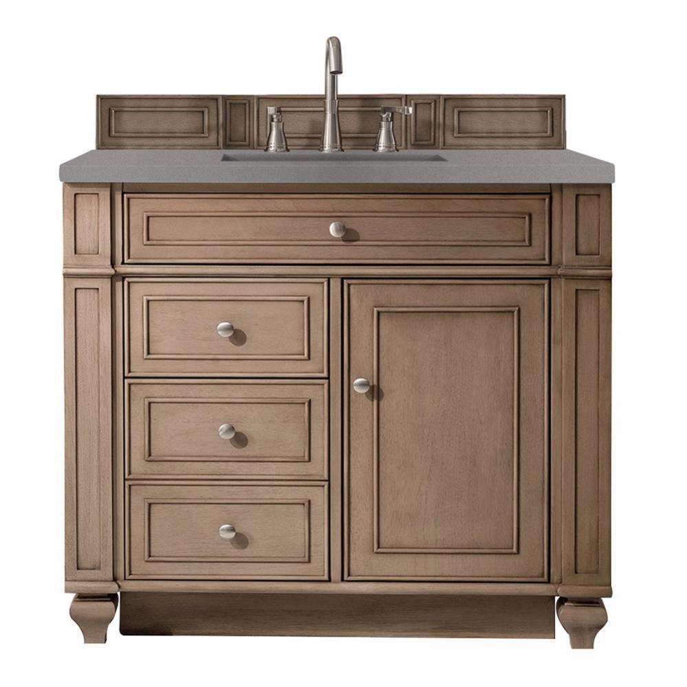 Bristol 36&apos;&apos; Single Vanity, Whitewashed Walnut, w/ 3 CM Grey Expo Quartz Top