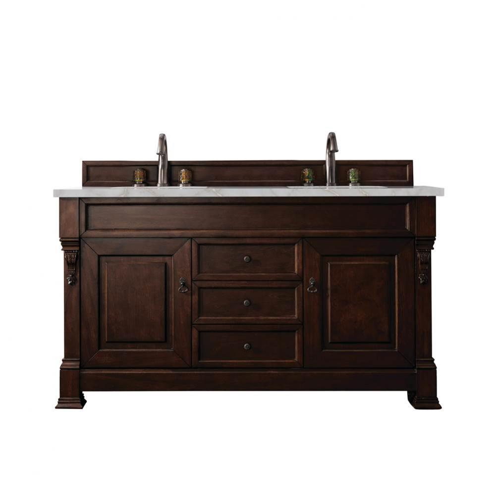 Brookfield 60&apos;&apos; Double Vanity, Burnished Mahogany w/ 3 CM Victorian Silver Quartz Top