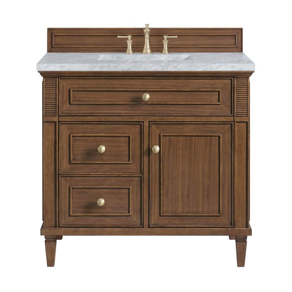 Lorelai 36&apos;&apos; Single Vanity, Mid-Century Walnut w/ 3 CM Carrara White Marble Top