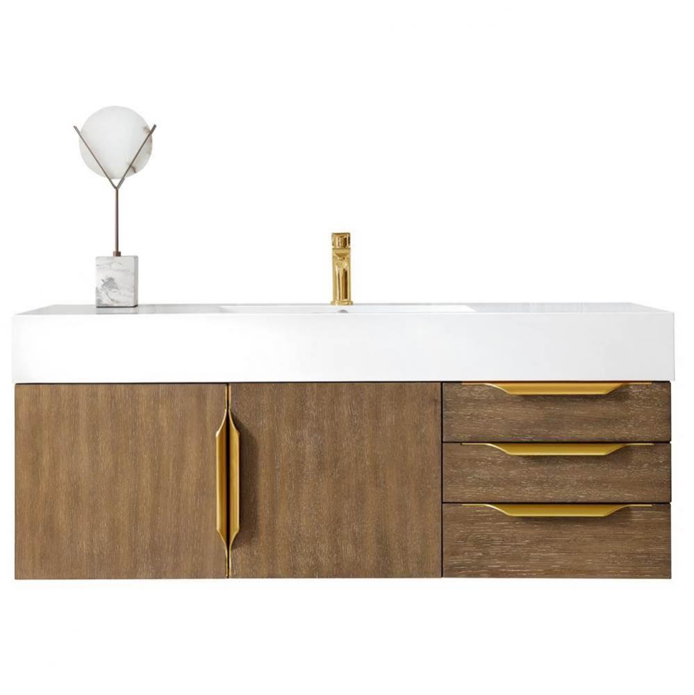 Columbia 48&apos;&apos; Single Wall Mount Vanity, Latte Oak, Radiant Gold w/ Glossy White Composit