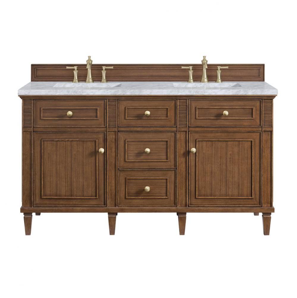 Lorelai 60&apos;&apos; Double Vanity, Mid-Century Walnut w/ 3 CM Carrara White Marble Top