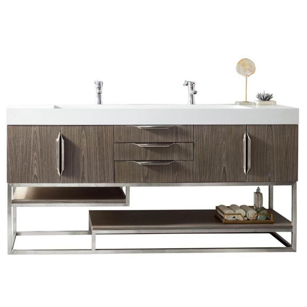 Columbia 72&apos;&apos; Double Vanity, Ash Gray, Brushed Nickel w/ Glossy White Composite Stone To