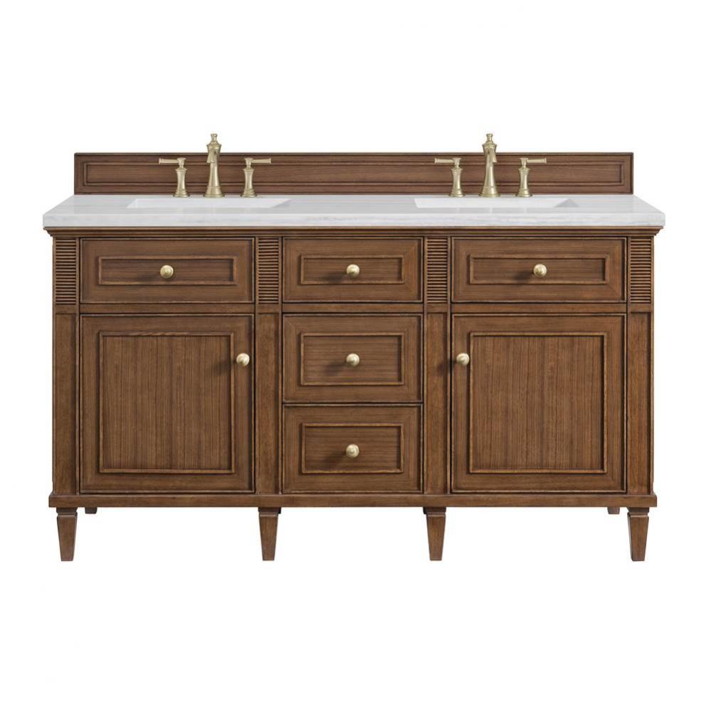 Lorelai 60&apos;&apos; Double Vanity, Mid-Century Walnut w/ 3 CM Arctic Fall Solid Surface Top