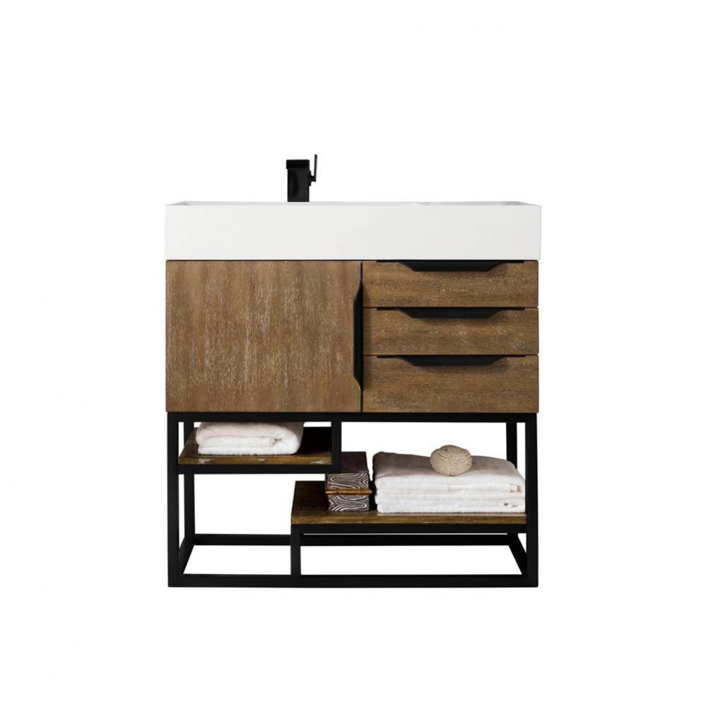 Columbia 36&apos;&apos; Single Vanity, Latte Oak, Matte Black w/ Glossy White Composite Stone Top