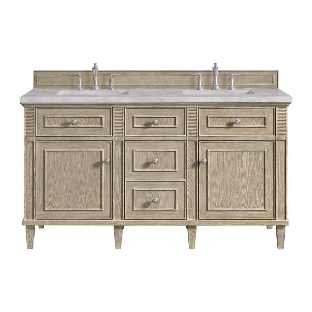 Lorelai 60&apos;&apos; Double Vanity, Whitewashed Oak w/ 3 CM Victorian Silver Quartz Top