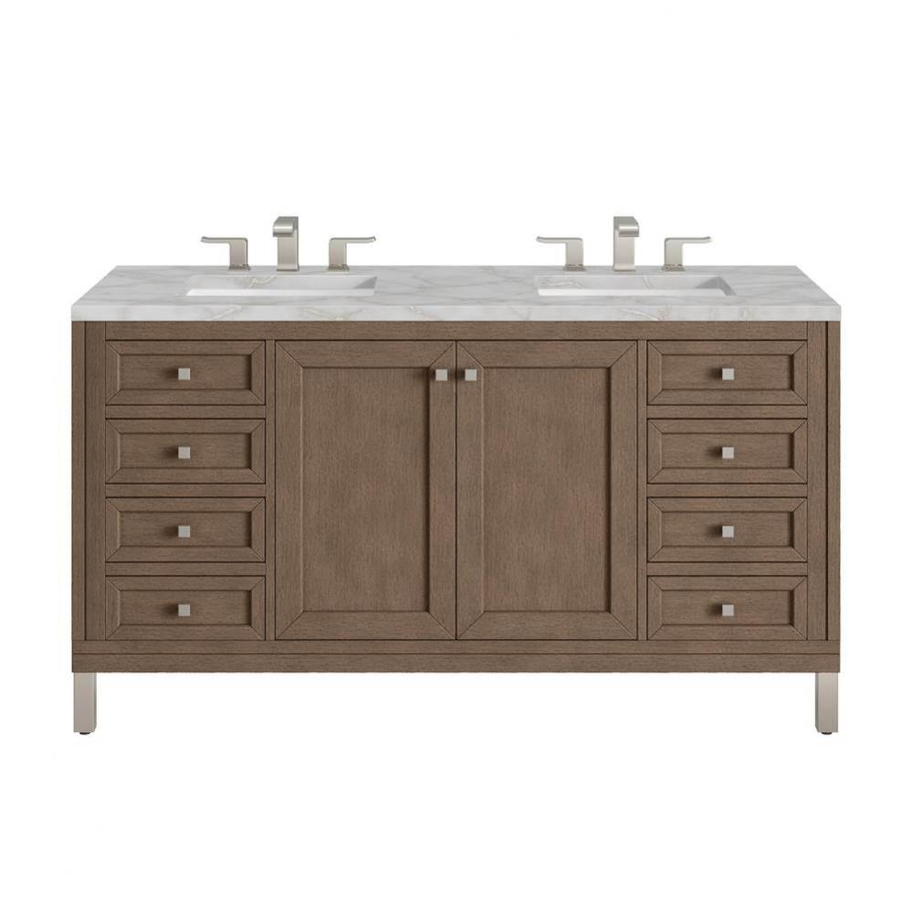 Chicago 60&apos;&apos; Double Vanity, Whitewashed Walnut w/ 3 CM Victorian Silver Quartz Top