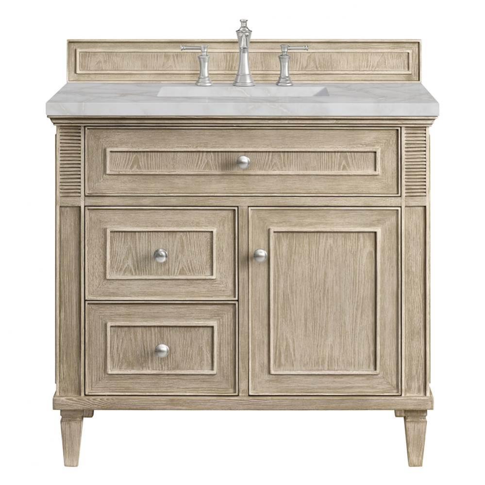 Lorelai 36&apos;&apos; Single Vanity, Whitewashed Oak w/ 3 CM Victorian Silver Quartz Top