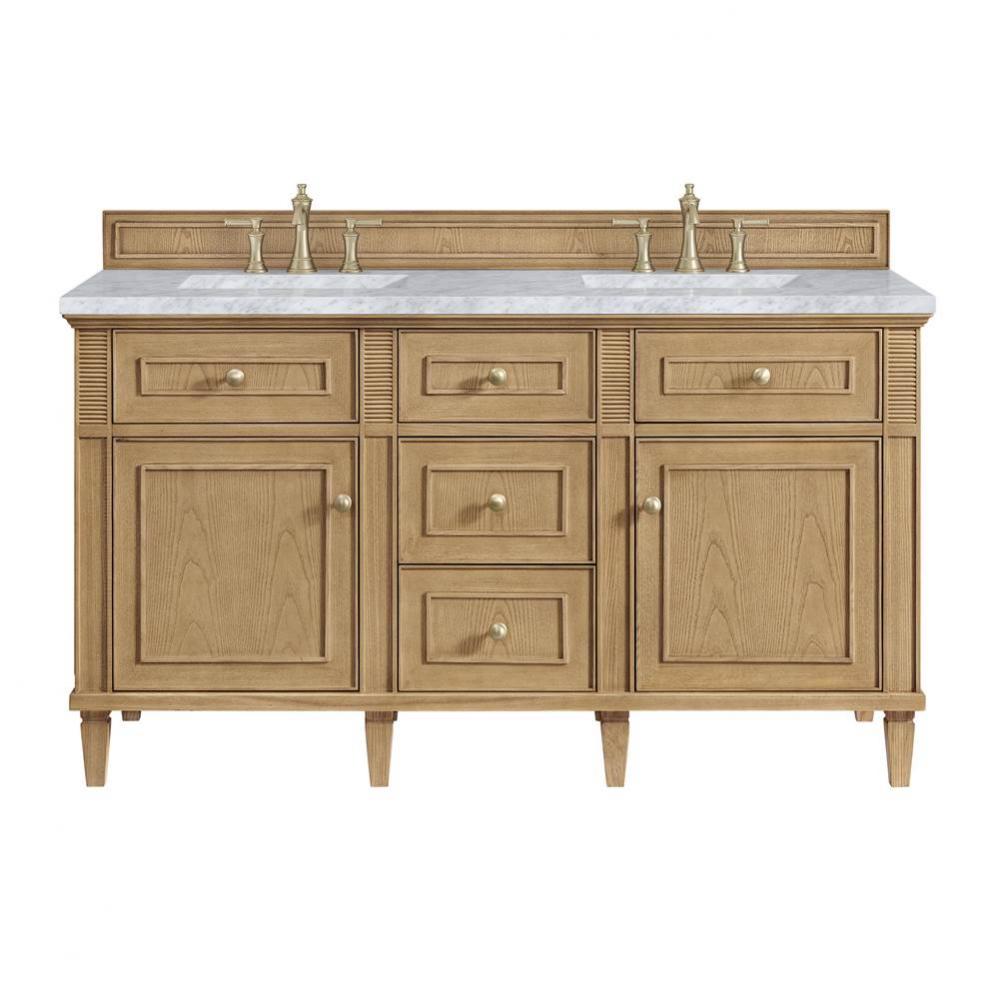 Lorelai 60&apos;&apos; Double Vanity, Light Natural Oak w/ 3 CM Carrara White Marble Top