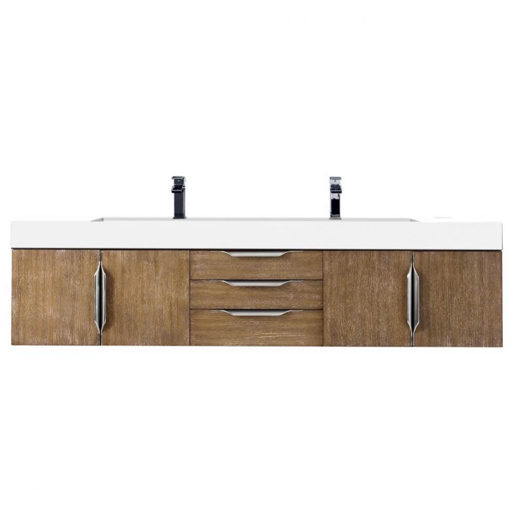 Columbia 72&apos;&apos; Double Wall Mount Vanity, Latte Oak, Brushed Nickel w/ Glossy White Compos