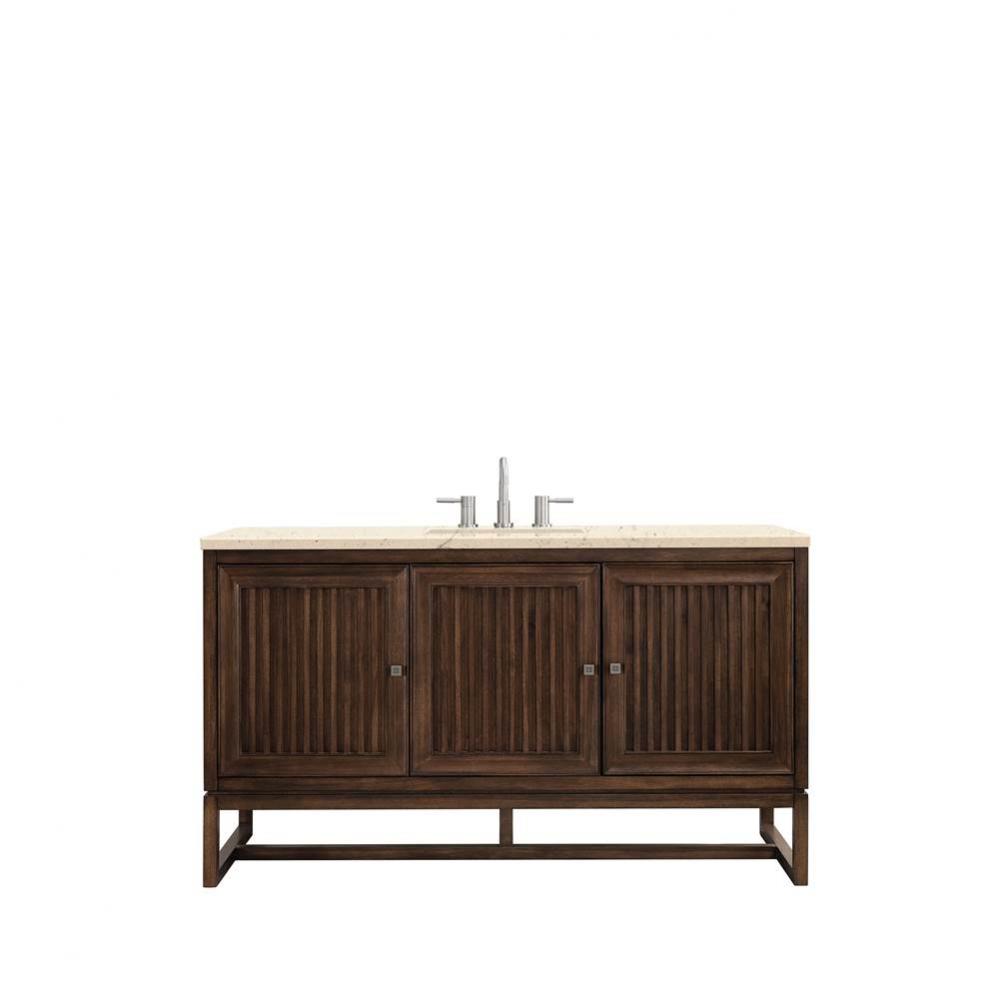 Athens 60&apos;&apos; Single Vanity Cabinet , Mid Century Acacia, w/ 3 CM Eternal Marfil Top