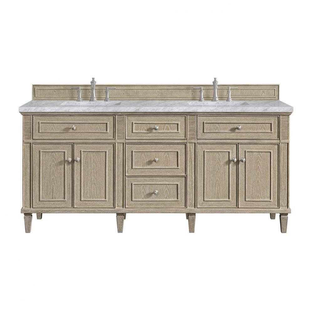 Lorelai 72&apos;&apos; Double Vanity, Whitewashed Oak w/ 3 CM Carrara White Marble Top