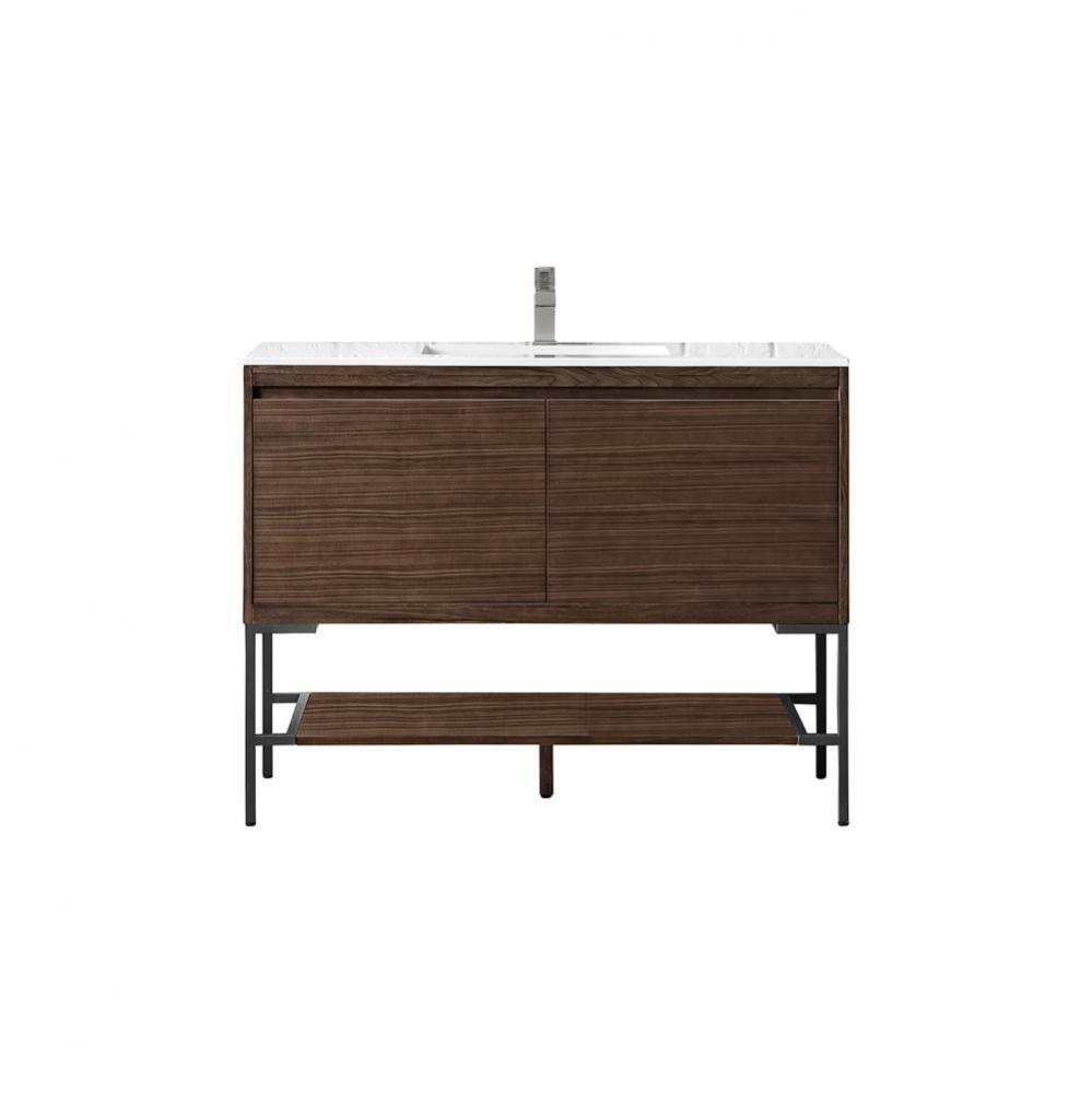 Mantova 47.3&apos;&apos; Single Vanity, Mid-Century Walnut, Matte Black Base w/ Glossy White Compo