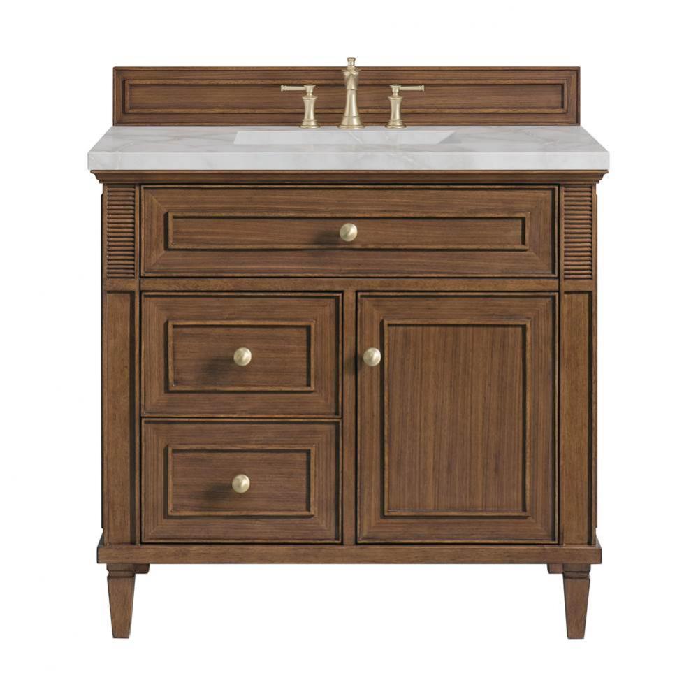 Lorelai 36&apos;&apos; Single Vanity, Mid-Century Walnut w/ 3 CM Victorian Silver Quartz Top