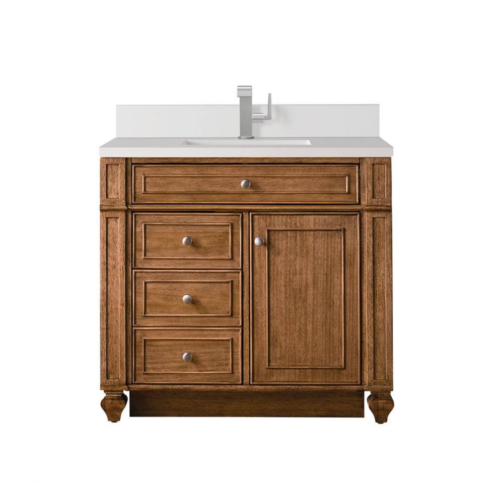 Bristol 36&apos;&apos; Single Vanity, Saddle Brown w/ Single Hole 3 CM White Zeus Quartz Top &amp;