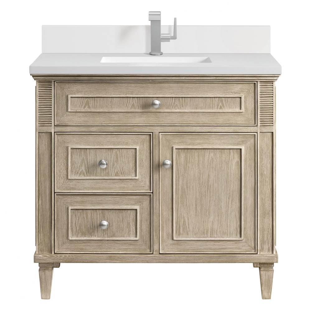 Lorelai 36&apos;&apos; Single Vanity, Whitewashed Oak w/ Single Hole 3 CM White Zeus Quartz Top &a