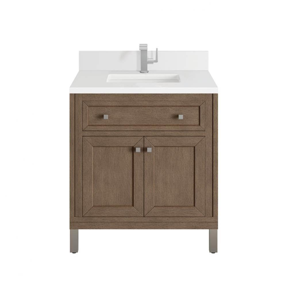 Chicago 30&apos;&apos; Single Vanity, Whitewashed Walnut w/ Single Hole 3 CM White Zeus Quartz Top