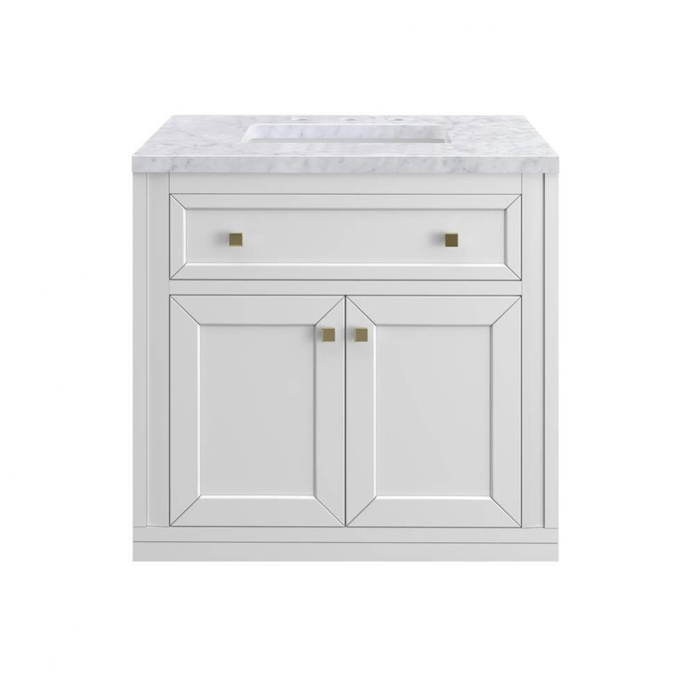 Chicago 30&apos;&apos; Single Vanity, Glossy White w/ 3 CM Carrara Marble Top