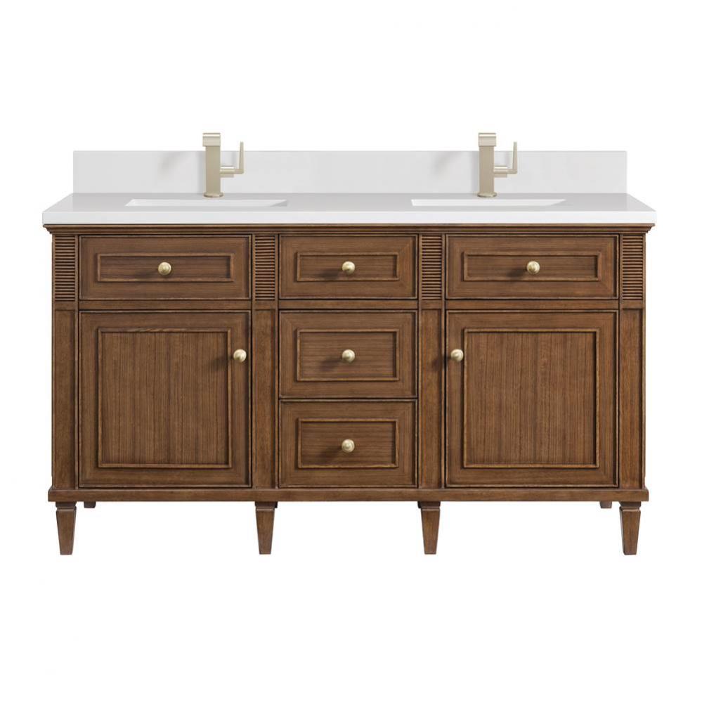 Lorelai 60&apos;&apos; Double Vanity, Mid-Century Walnut w/ Single Hole 3 CM White Zeus Quartz Top