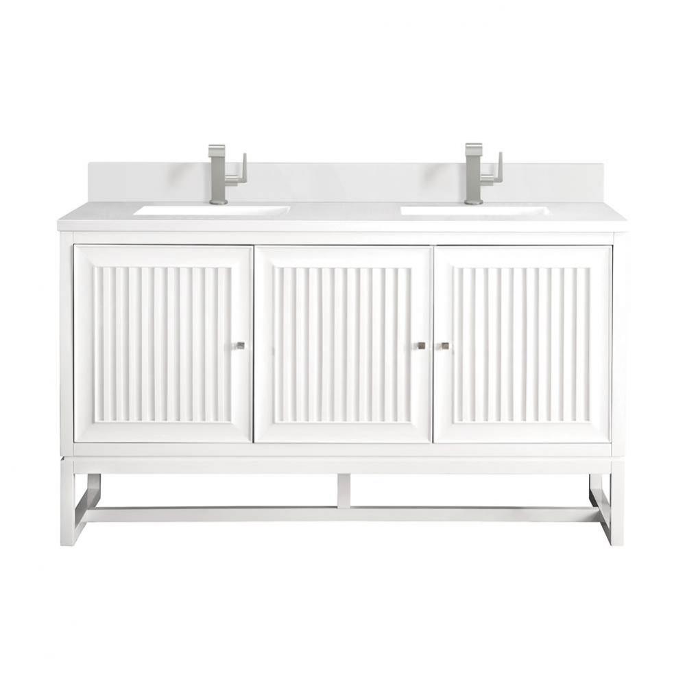 Athens 60&apos;&apos; Double Vanity, Glossy White w/ Single Hole 3 CM White Zeus Quartz Top &amp;