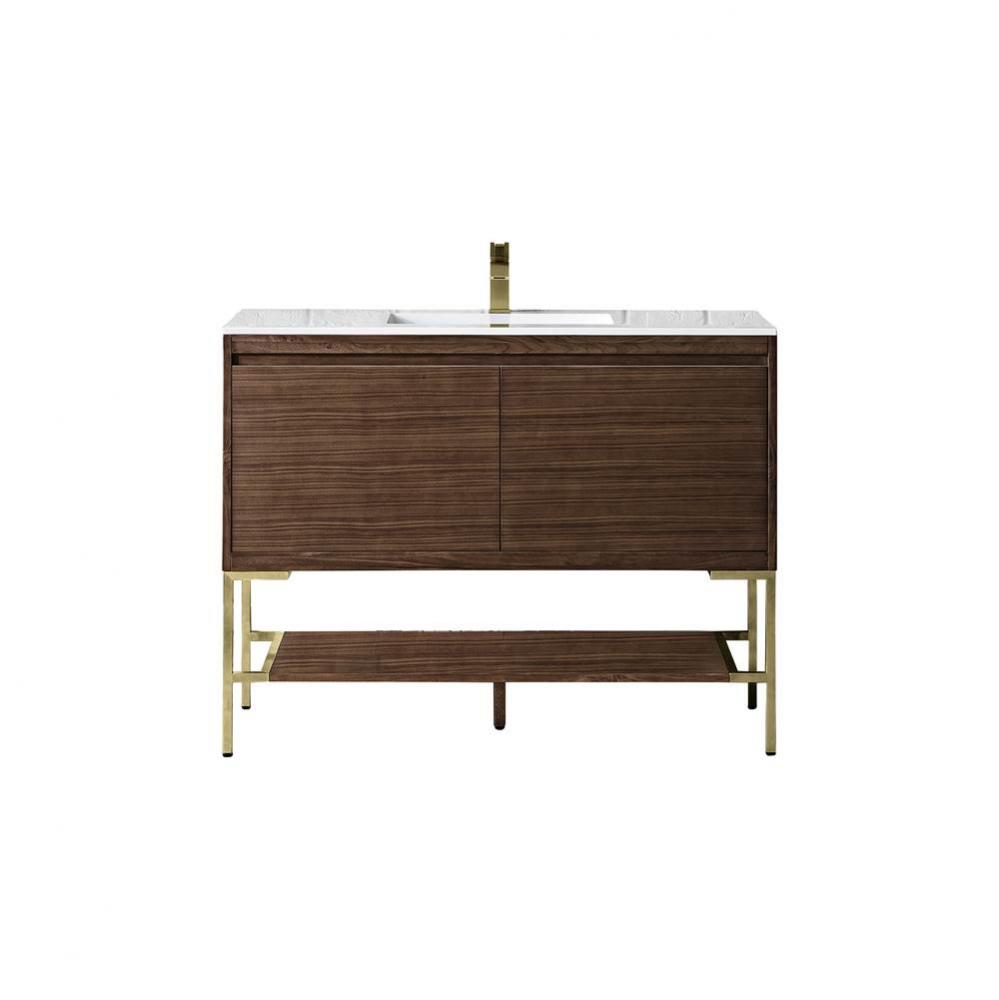 Mantova 47.3&apos;&apos; Single Vanity, Mid-Century Walnut, Champagne Brass Base w/ Glossy White C