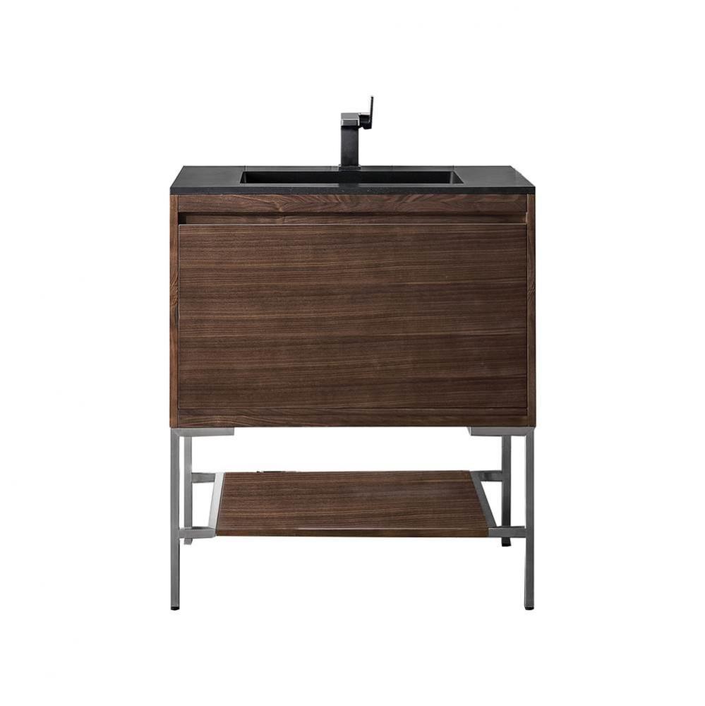 Mantova 31.5&apos;&apos; Single Vanity, Mid-Century Walnut, Brushed Nickel Base w/ Charcoal Black