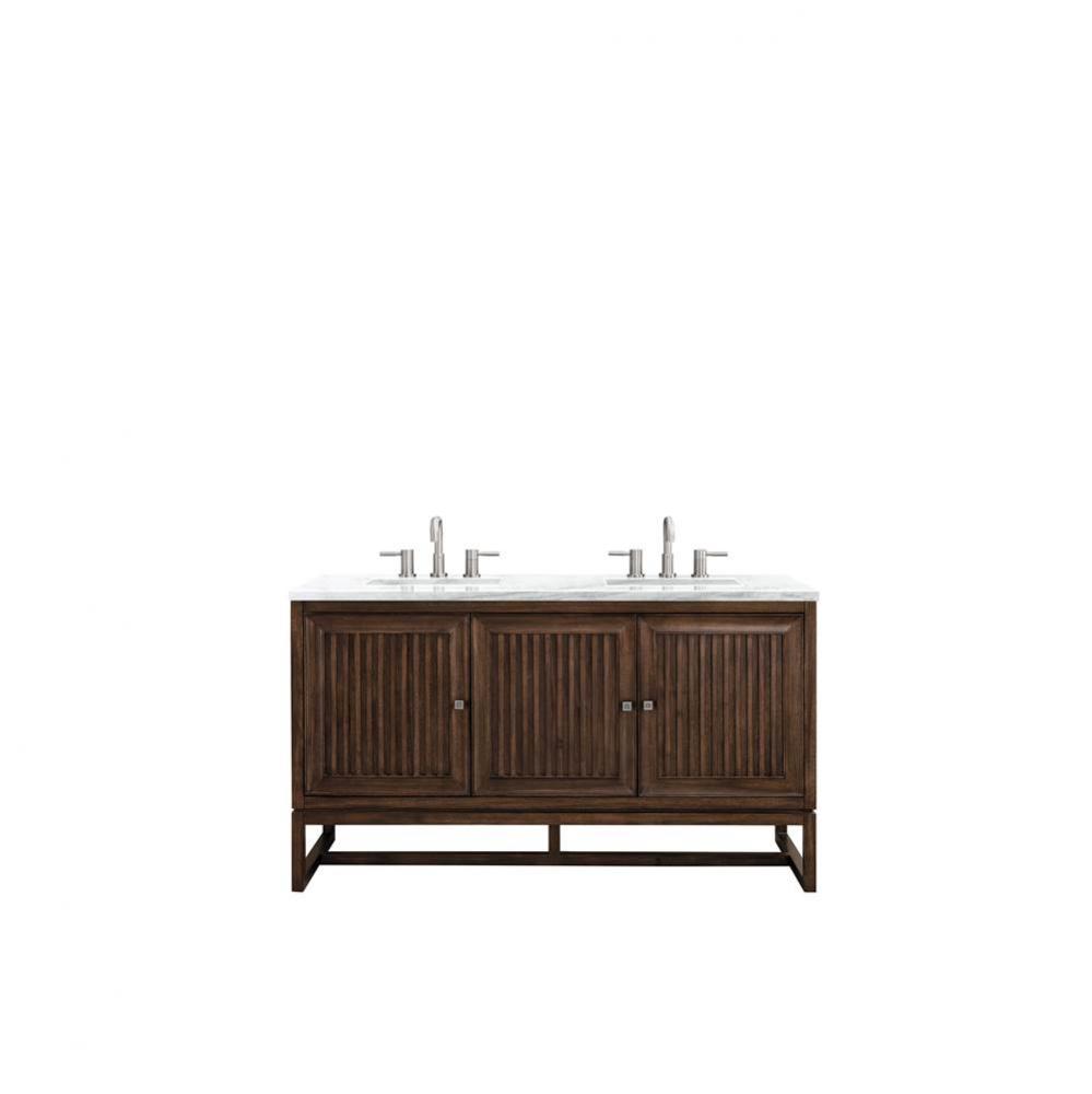 Athens 60&apos;&apos; Double Vanity Cabinet, Mid Century Acacia, w/ 3 CM Arctic Fall Solid Surface