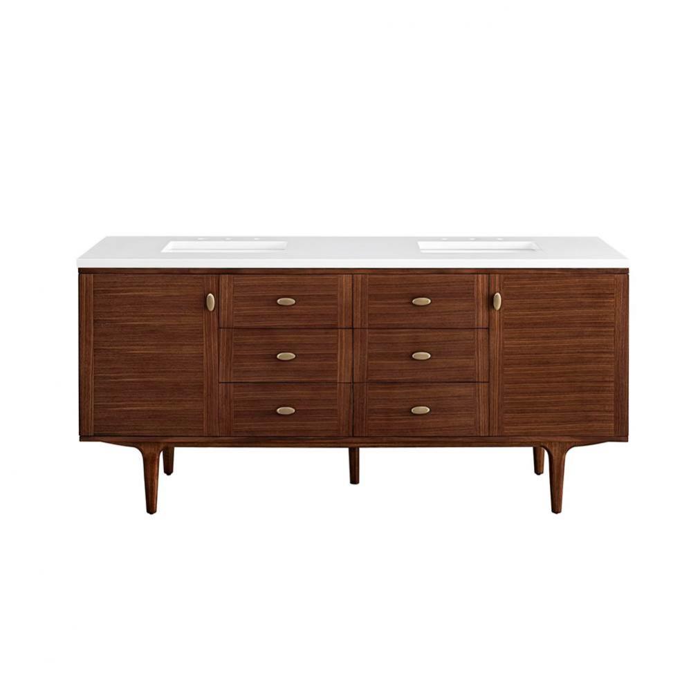 Amberly 72&apos;&apos; Double Vanity, Mid-Century Walnut w/ 3 CM White Zeus Top