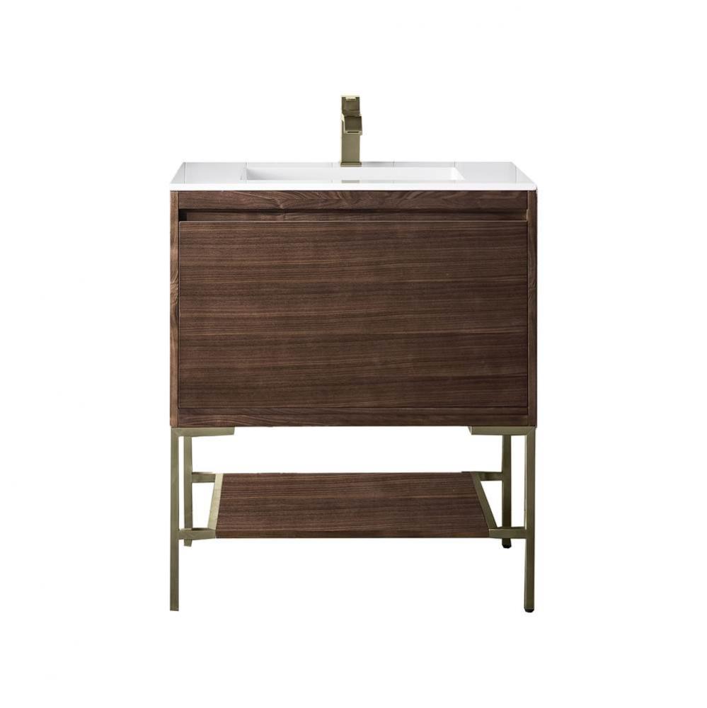 Mantova 31.5&apos;&apos; Single Vanity, Mid-Century Walnut, Champagne Brass Base w/ Glossy White C