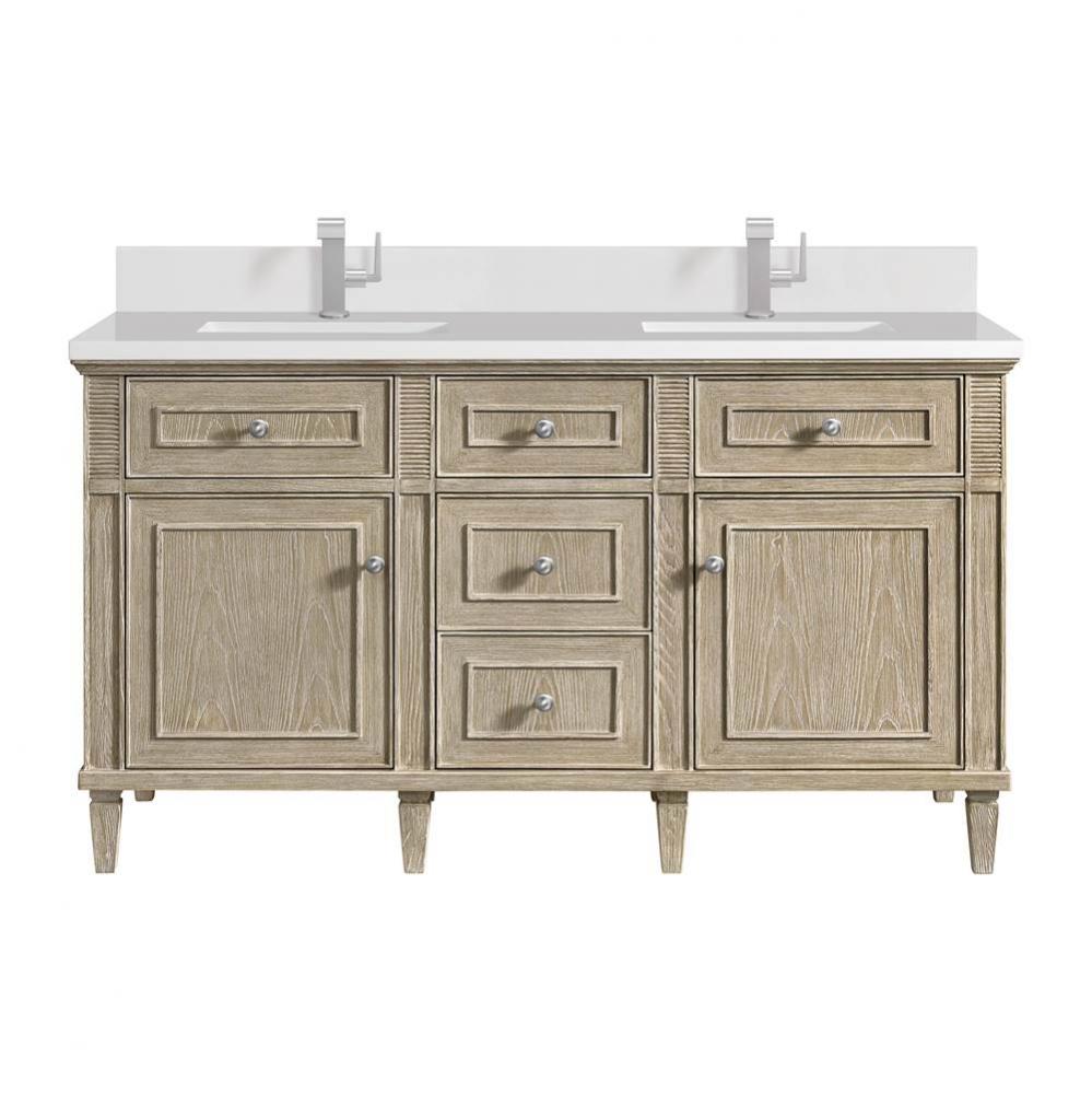 Lorelai 60&apos;&apos; Double Vanity, Whitewashed Oak w/ Single Hole 3 CM White Zeus Quartz Top &a