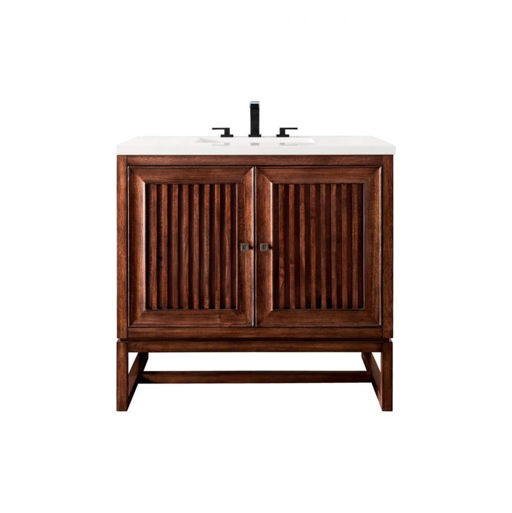 Athens 36&apos;&apos; Single Vanity Cabinet, Mid Century Acacia, w/ 3 CM White Zeus Quartz Top