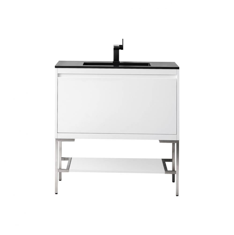 Mantova 35.4&apos;&apos; Single Vanity, Glossy White, Brushed Nickel Base w/ Charcoal Black Compos