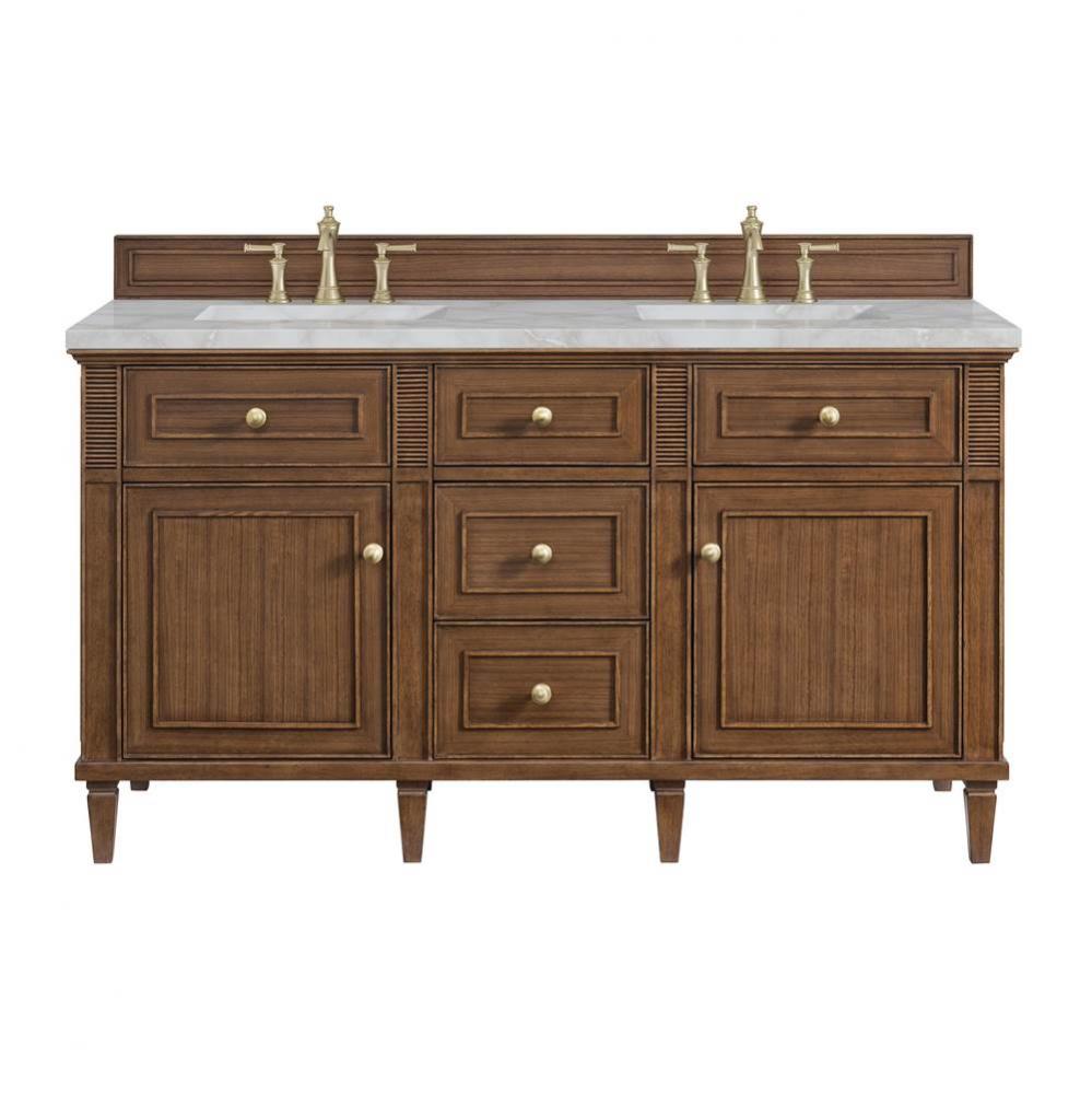 Lorelai 60&apos;&apos; Double Vanity, Mid-Century Walnut w/ 3 CM Victorian Silver Quartz Top