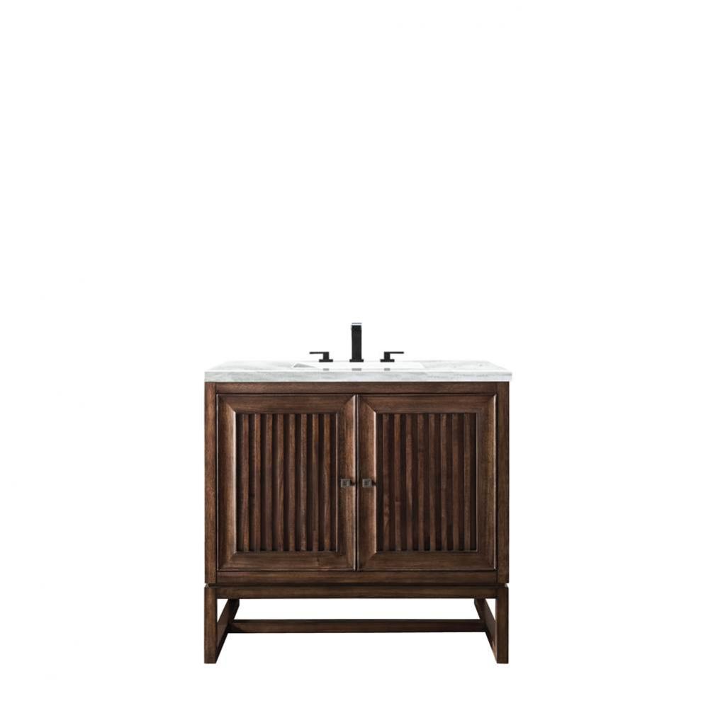 Athens 36&apos;&apos; Single Vanity Cabinet, Mid Century Acacia, w/ 3 CM Arctic Fall Solid Surface