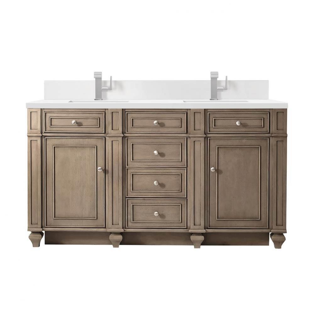 Bristol 60&apos;&apos; Double Vanity, Whitewashed Walnut w/ Single Hole 3 CM White Zeus Quartz Top