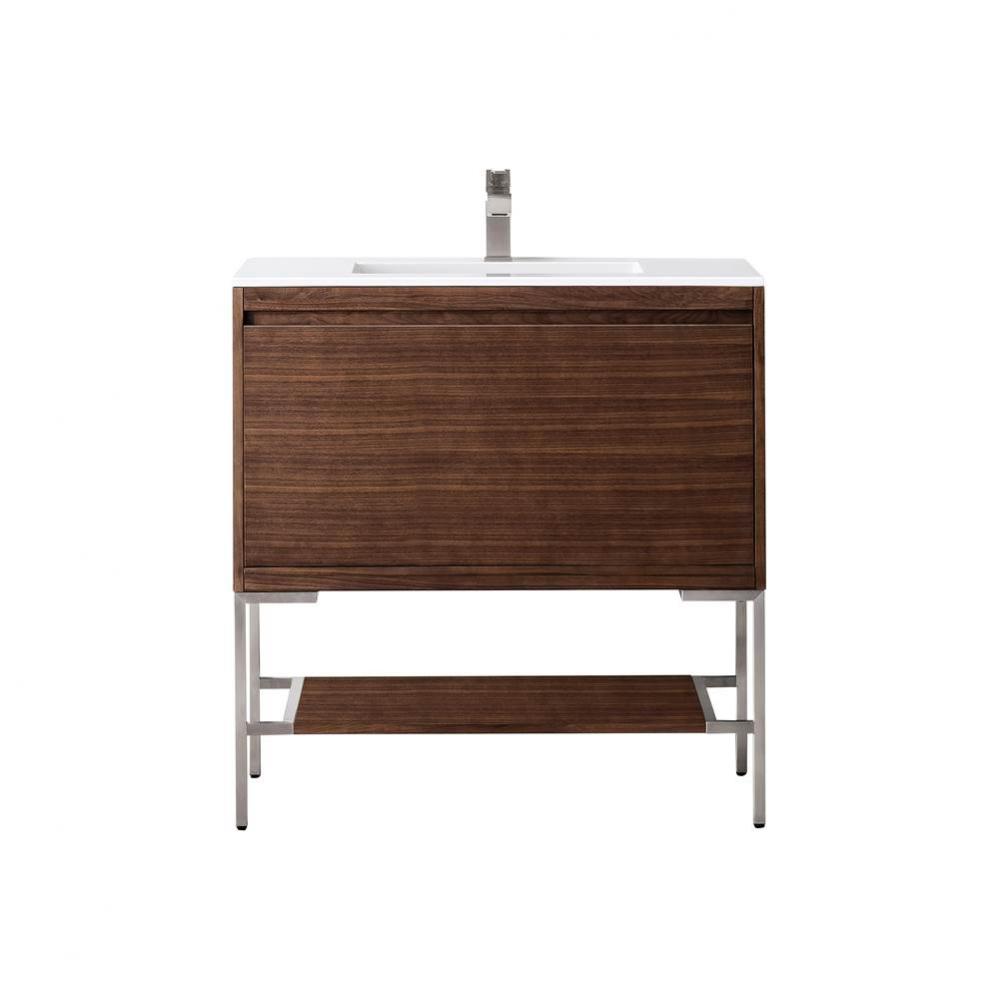 Mantova 35.4&apos;&apos; Single Vanity, Mid-Century Walnut, Brushed Nickel Base w/ Glossy White Co