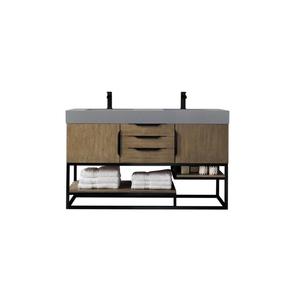 Columbia 59&apos;&apos; Double Vanity, Latte Oak, Matte Black w/ Dusk Grey Glossy Composite Top